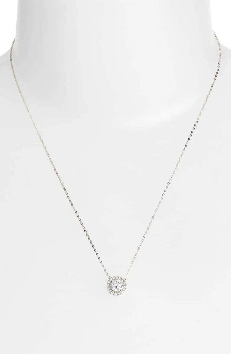 1.00 CT  Crystal Halo Disc Necklace 18" - 18K White Gold Plated
