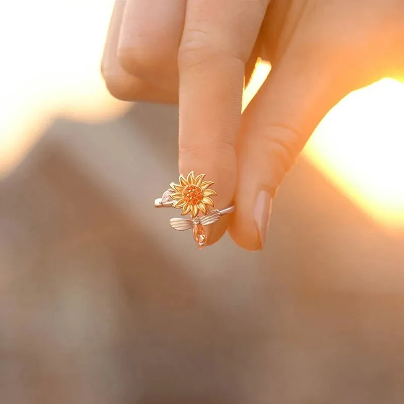 1PC Adjustable Spinning Sunflower Anti Stress Ring For Women Rotatable Pain Relief Fidget Rings Fashion Jewelry
