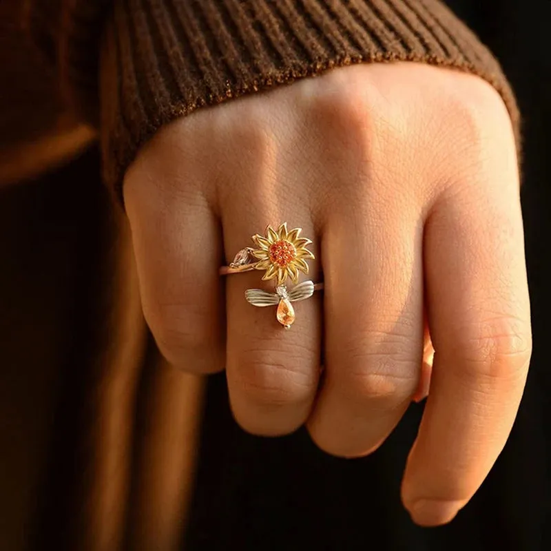 1PC Adjustable Spinning Sunflower Anti Stress Ring For Women Rotatable Pain Relief Fidget Rings Fashion Jewelry