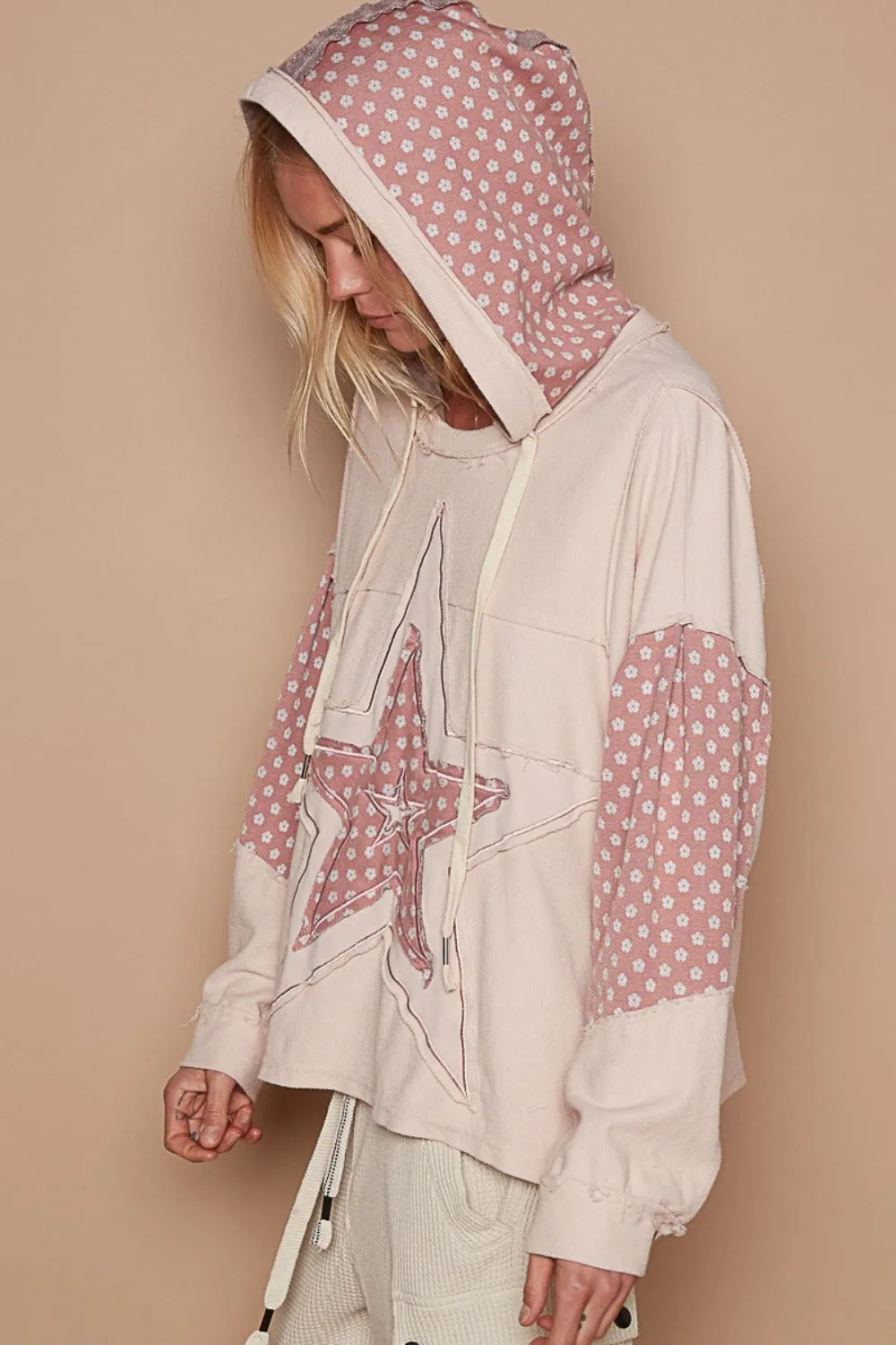 Bohemian Dusty Rose Star Patchwork Raw Edge French Terry Hoodie
