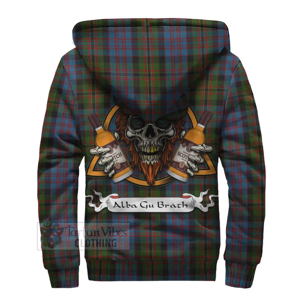 Bowie Tartan Sherpa Hoodie with Family Crest and Bearded Skull Holding Bottles of Whiskey