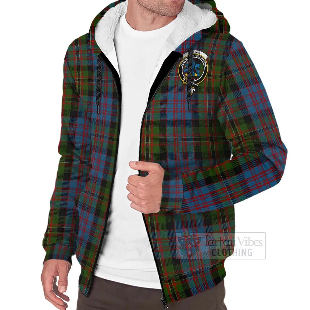 Bowie Tartan Sherpa Hoodie with Family Crest and Bearded Skull Holding Bottles of Whiskey
