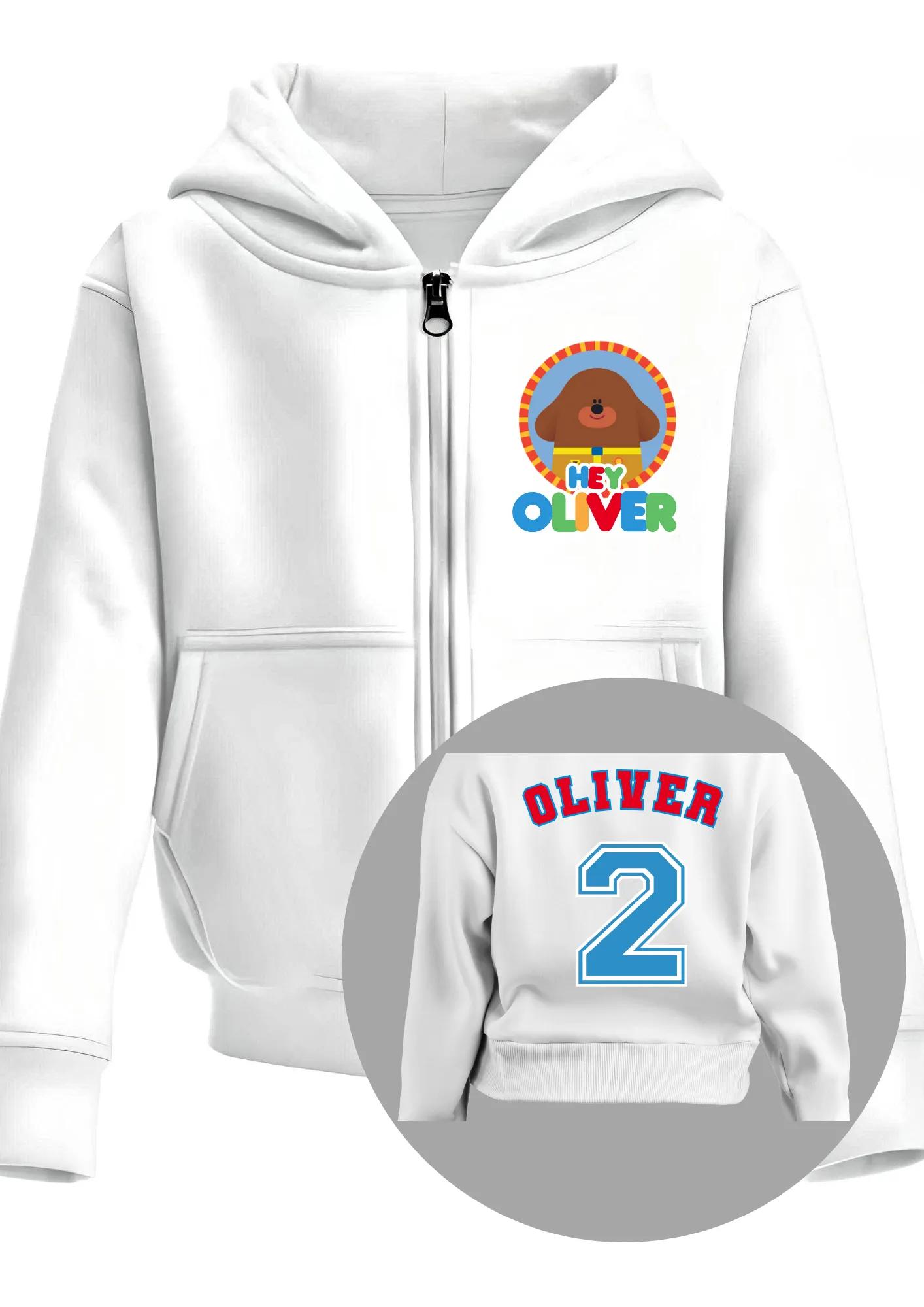Boys' Hey Duggee Custom Hoodie Zipper and Back print  - any name and number