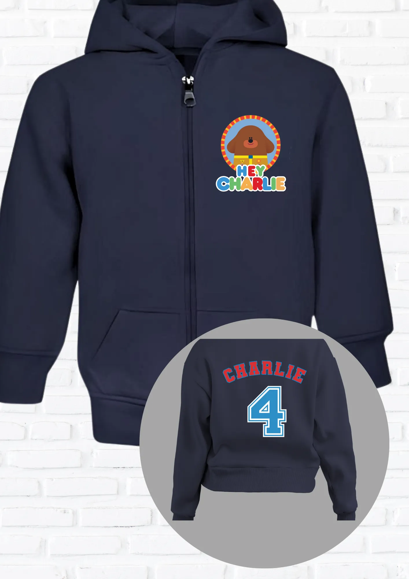 Boys' Hey Duggee Custom Hoodie Zipper and Back print  - any name and number