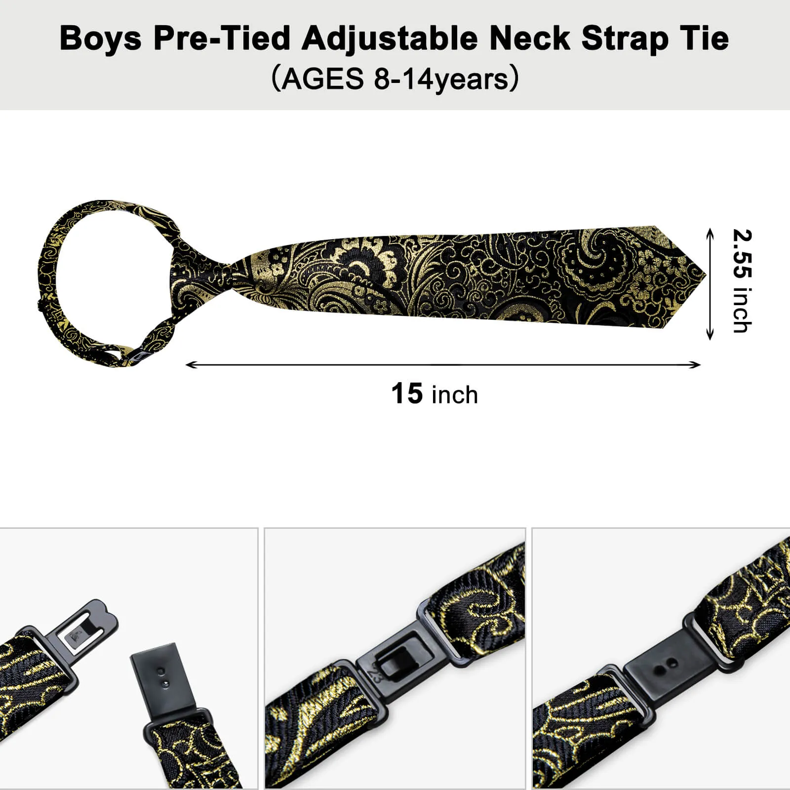DiBanGu Kids Tie Black Gold Woven Floral Silk Tie Pocket Square Set