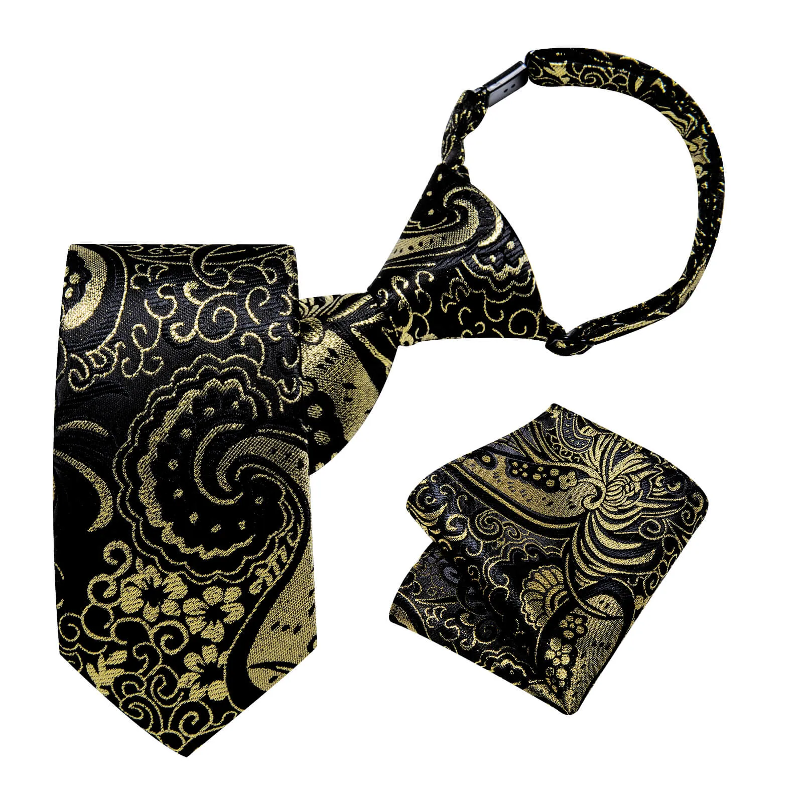DiBanGu Kids Tie Black Gold Woven Floral Silk Tie Pocket Square Set