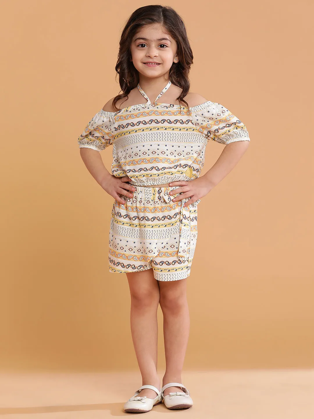 Girls Rayon Yellow Printed Cropped Top With Skort For