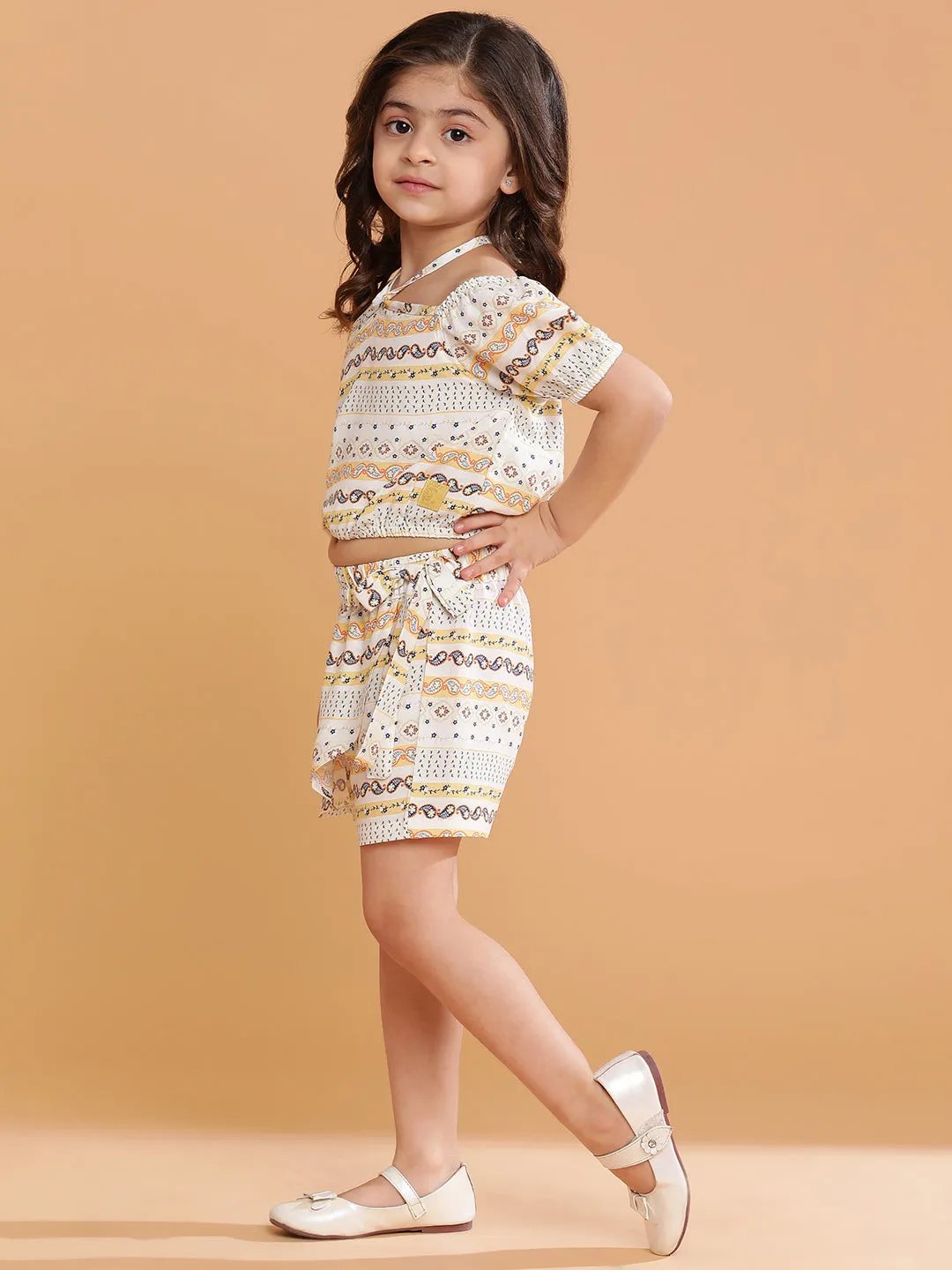 Girls Rayon Yellow Printed Cropped Top With Skort For
