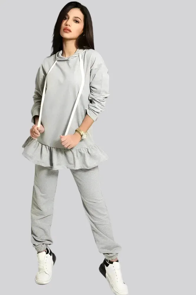 Grey Frilled Hem Hoodie Tracksuit