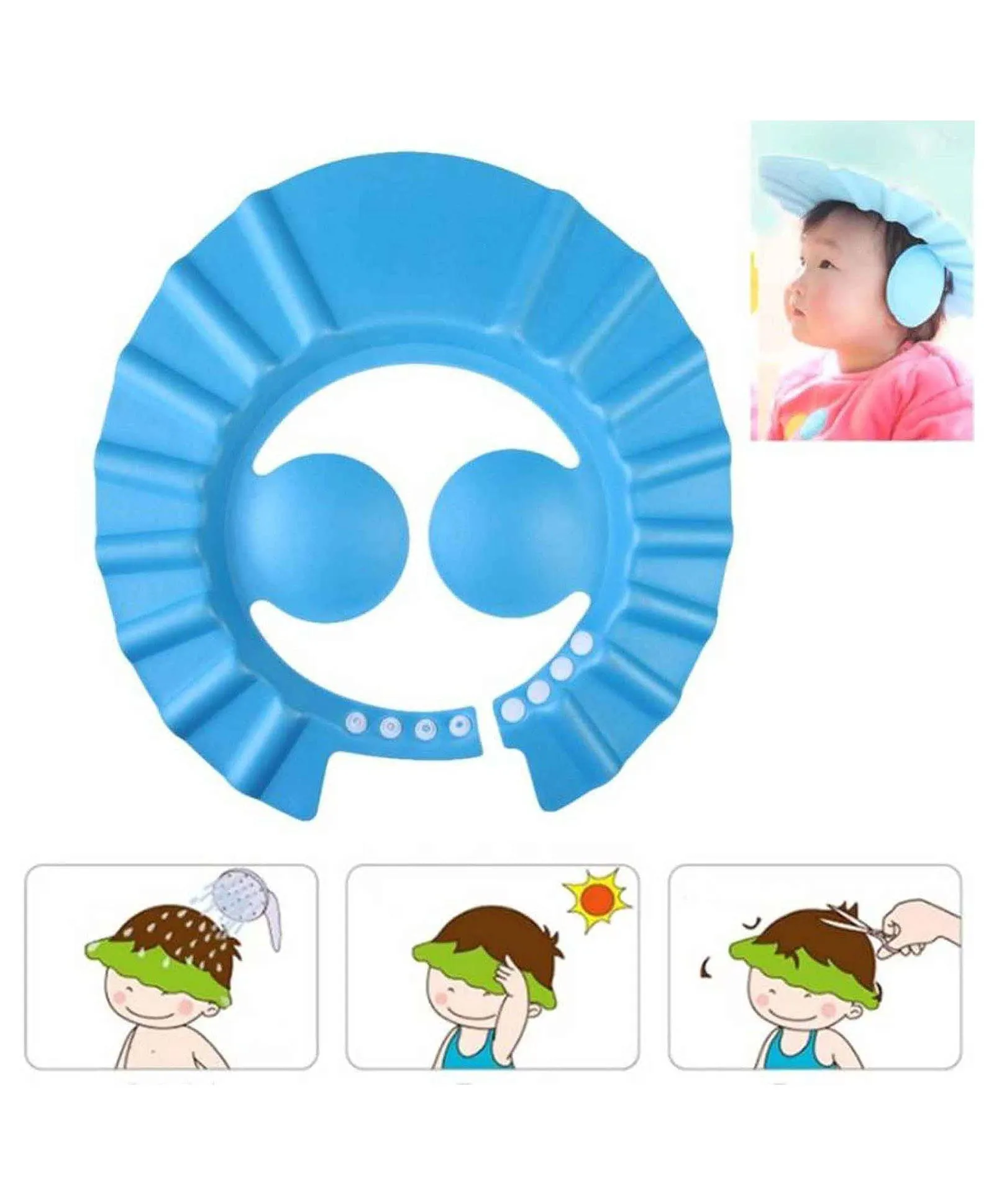 Heart Home Soft Adjustable Visor Hat Safe Shampoo Shower Bathing Protection Bath Cap for Toddler, Baby, Kids, Children (Blue)-HS_38_HEARTH21341, Pack of 1