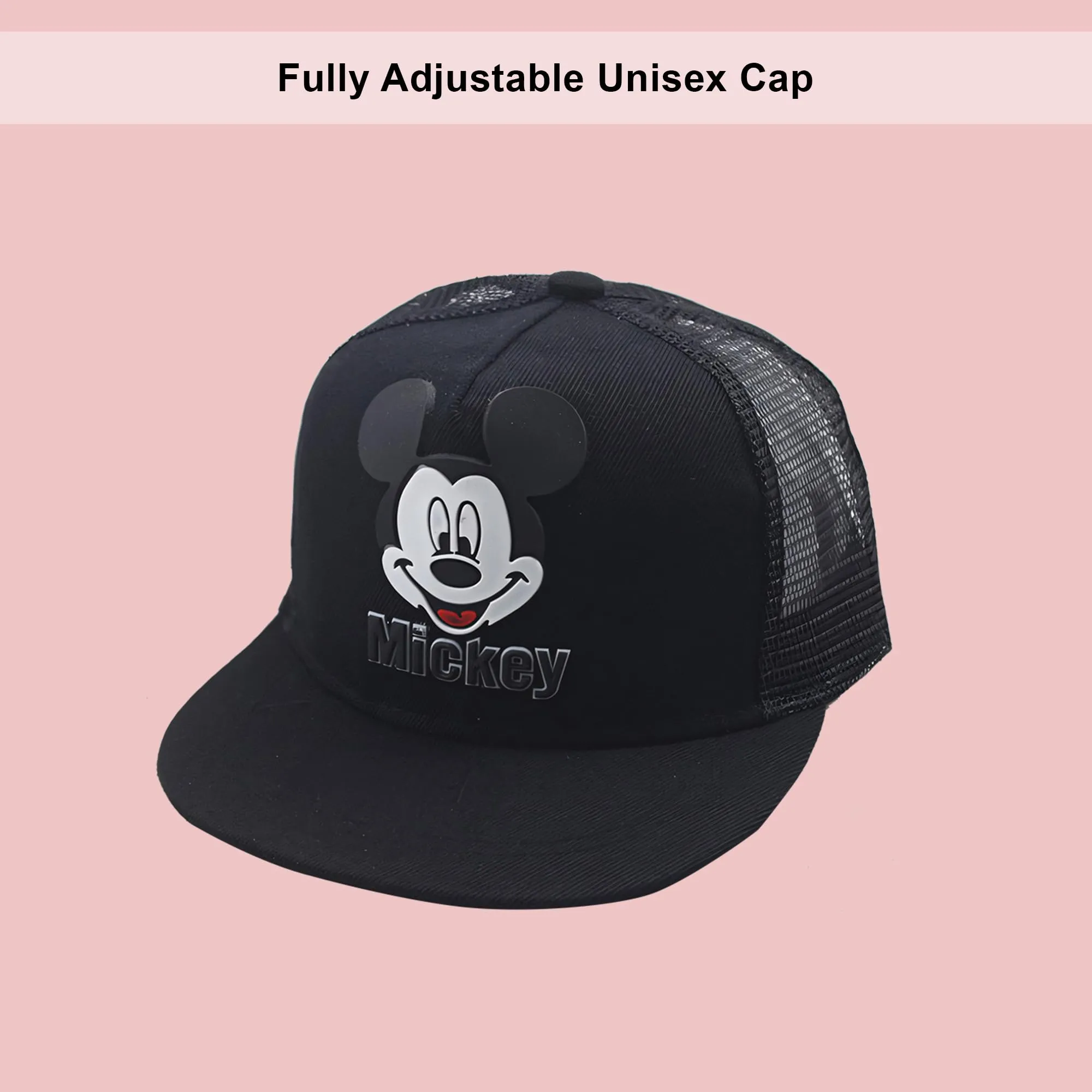 Kuber Industries Pack of 4 Mickey Mouse Cap | Adjustable Cap for Boys and Girls | Cartoon Character Printed Little Cap for Kids | Cap for 7-12 Year Old Baby Girls and Boys | QI0092-C | Black