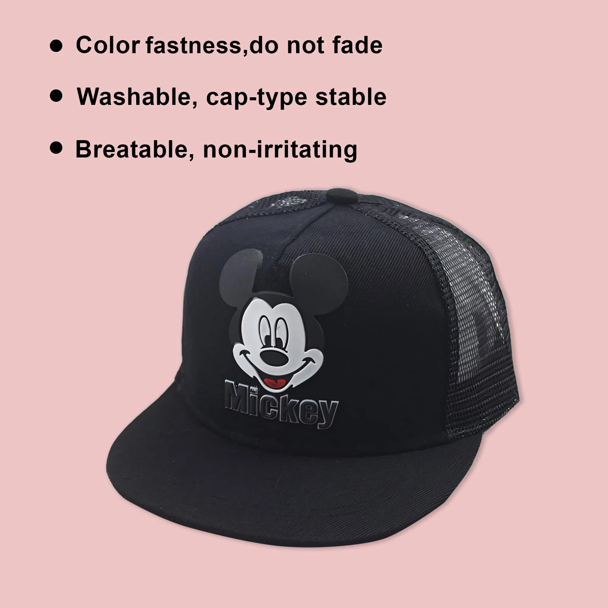 Kuber Industries Pack of 4 Mickey Mouse Cap | Adjustable Cap for Boys and Girls | Cartoon Character Printed Little Cap for Kids | Cap for 7-12 Year Old Baby Girls and Boys | QI0092-C | Black