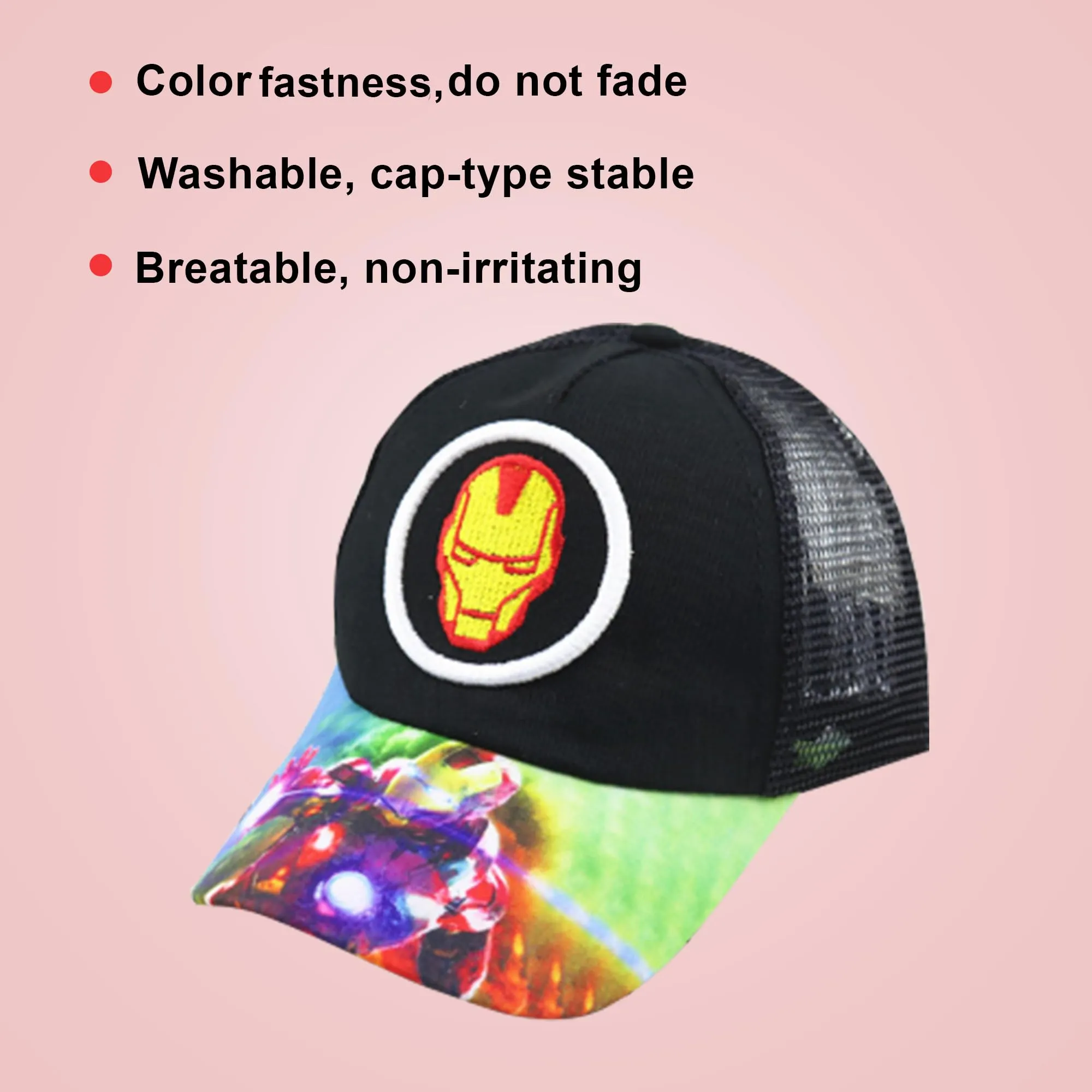 Kuber Industries Pack of 6 Iron Man | Adjustable Cap for Boys and Girls | Cartoon Character Printed Little Cap for Kids | Cap for 7-12 Year Old Baby Girls and Boys |T20310C | Black