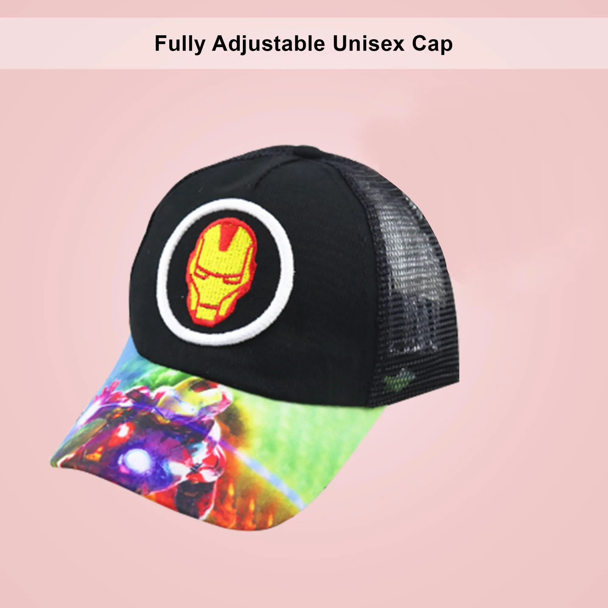 Kuber Industries Pack of 6 Iron Man | Adjustable Cap for Boys and Girls | Cartoon Character Printed Little Cap for Kids | Cap for 7-12 Year Old Baby Girls and Boys |T20310C | Black