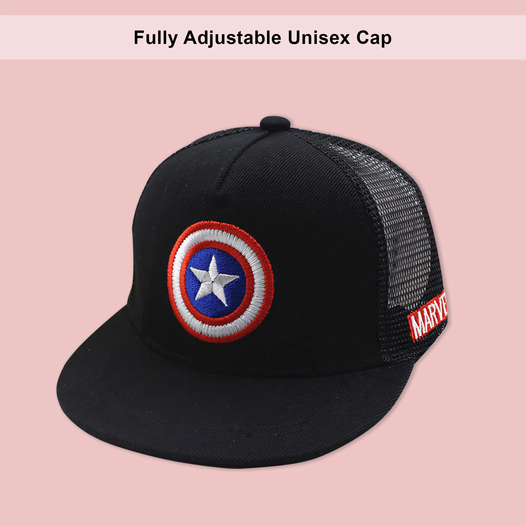 Kuber Industries Pack of 6 Marvel Captain America Cap | Adjustable Cap for Boys and Girls | Cartoon Character Printed Little Cap for Kids | Cap for 7-12 Year Old Baby Girls and Boys | QI0066-C |Black