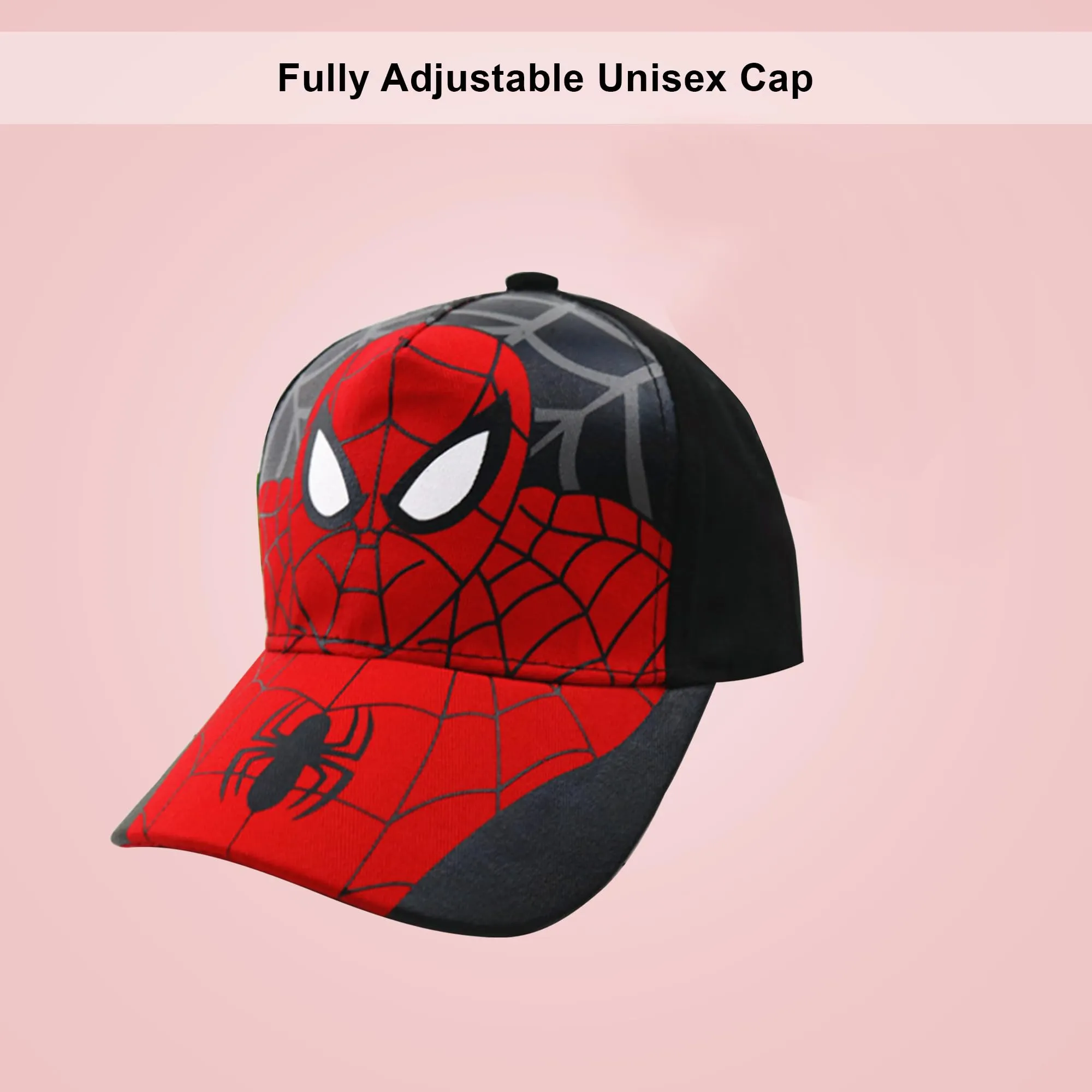 Kuber Industries Pack of 6 Spiderman Cap | Adjustable Cap for Boys and Girls | Cartoon Character Printed Little Cap for Kids | Cap for 7-12 Year Old Baby Girls and Boys | T8103-B | Black & Red