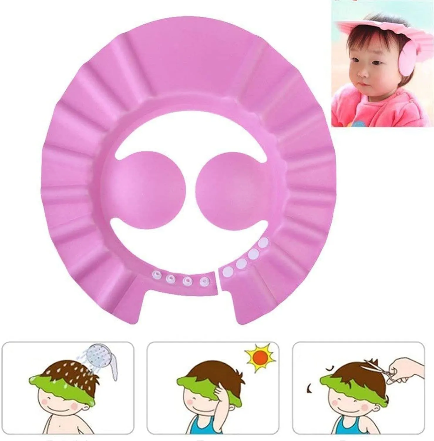 Kuber Industries Soft Adjustable Visor Hat Safe Shampoo Shower Bathing Protection Bath Cap for Toddler, Baby, Kids, Children-Pack of 3 (Pink)-HS_38_KUBMART21351