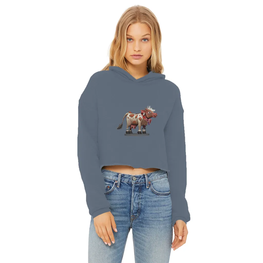 Light Brown Cow Ladies Cropped Raw Edge Hoodie