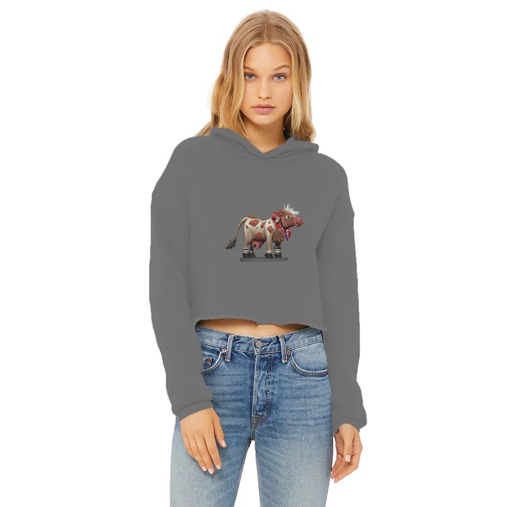 Light Brown Cow Ladies Cropped Raw Edge Hoodie