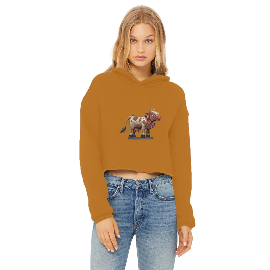 Light Brown Cow Ladies Cropped Raw Edge Hoodie