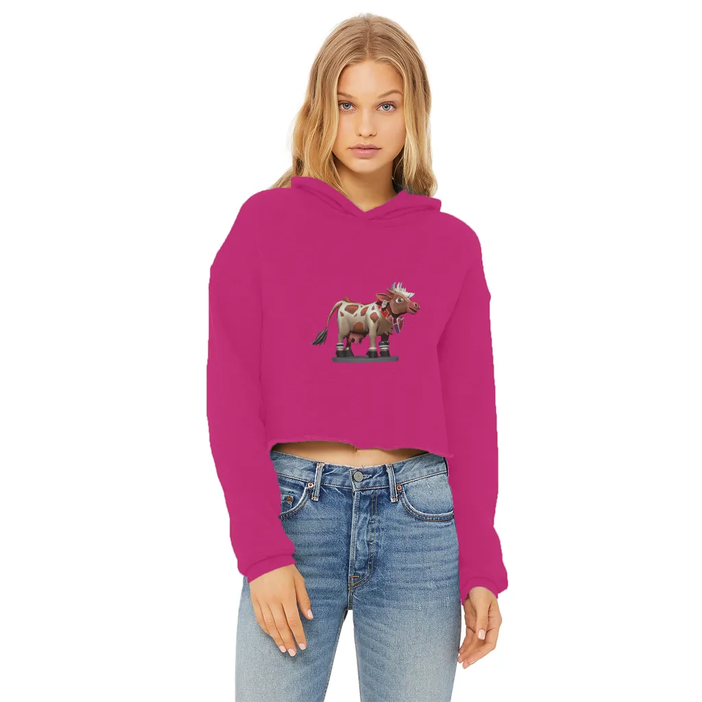 Light Brown Cow Ladies Cropped Raw Edge Hoodie