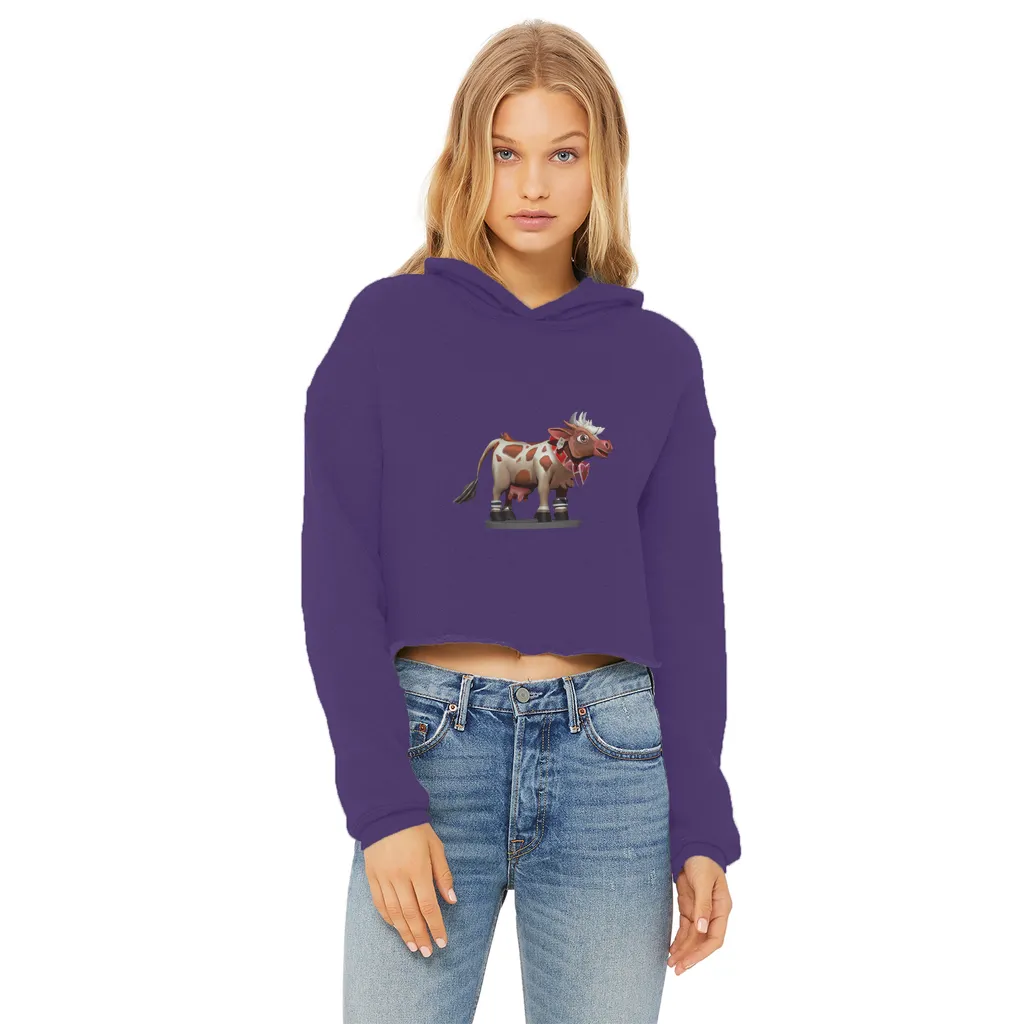 Light Brown Cow Ladies Cropped Raw Edge Hoodie