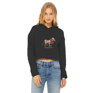 Light Brown Cow Ladies Cropped Raw Edge Hoodie