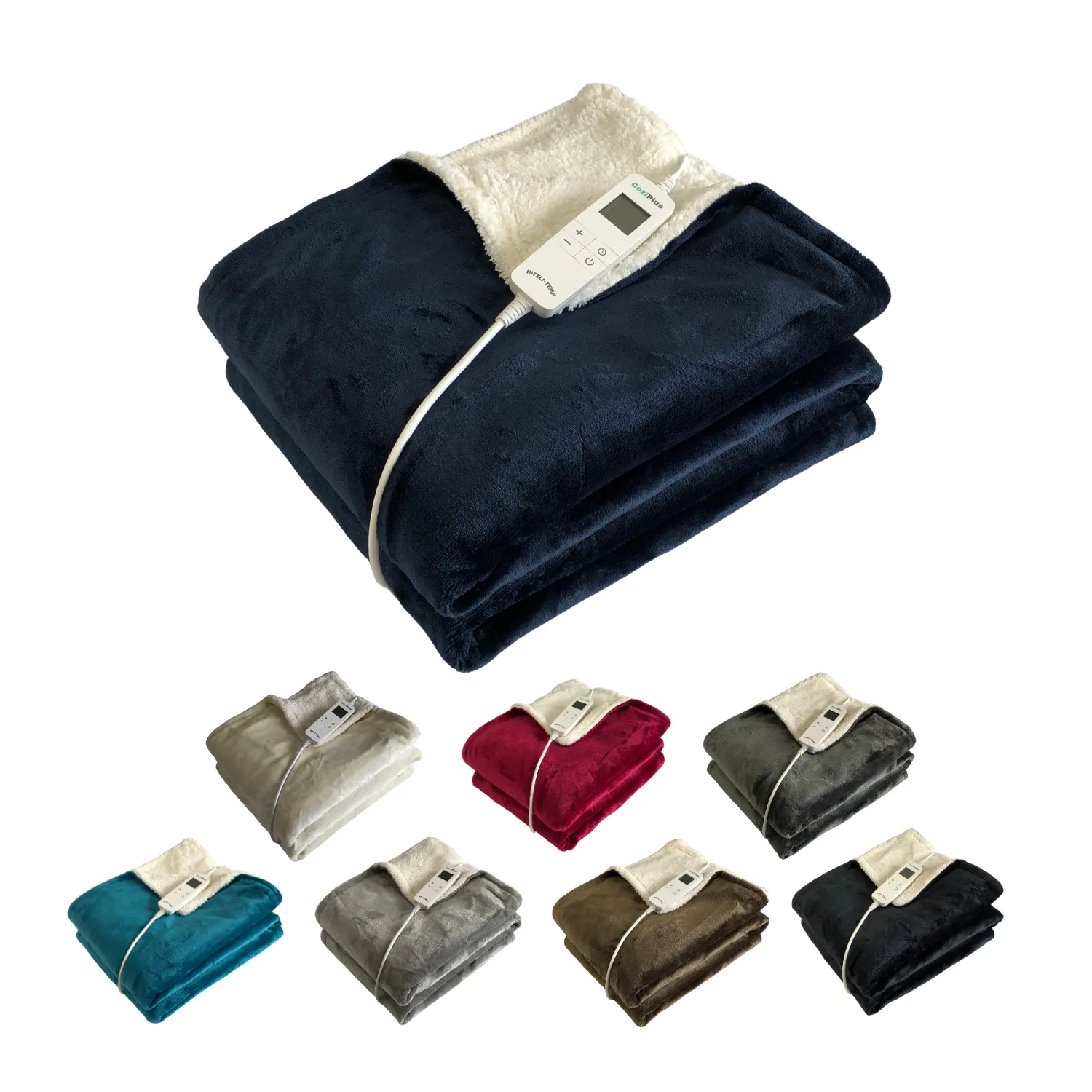 Navy Flannel Sherpa Heated Throw INTELI-TEMP