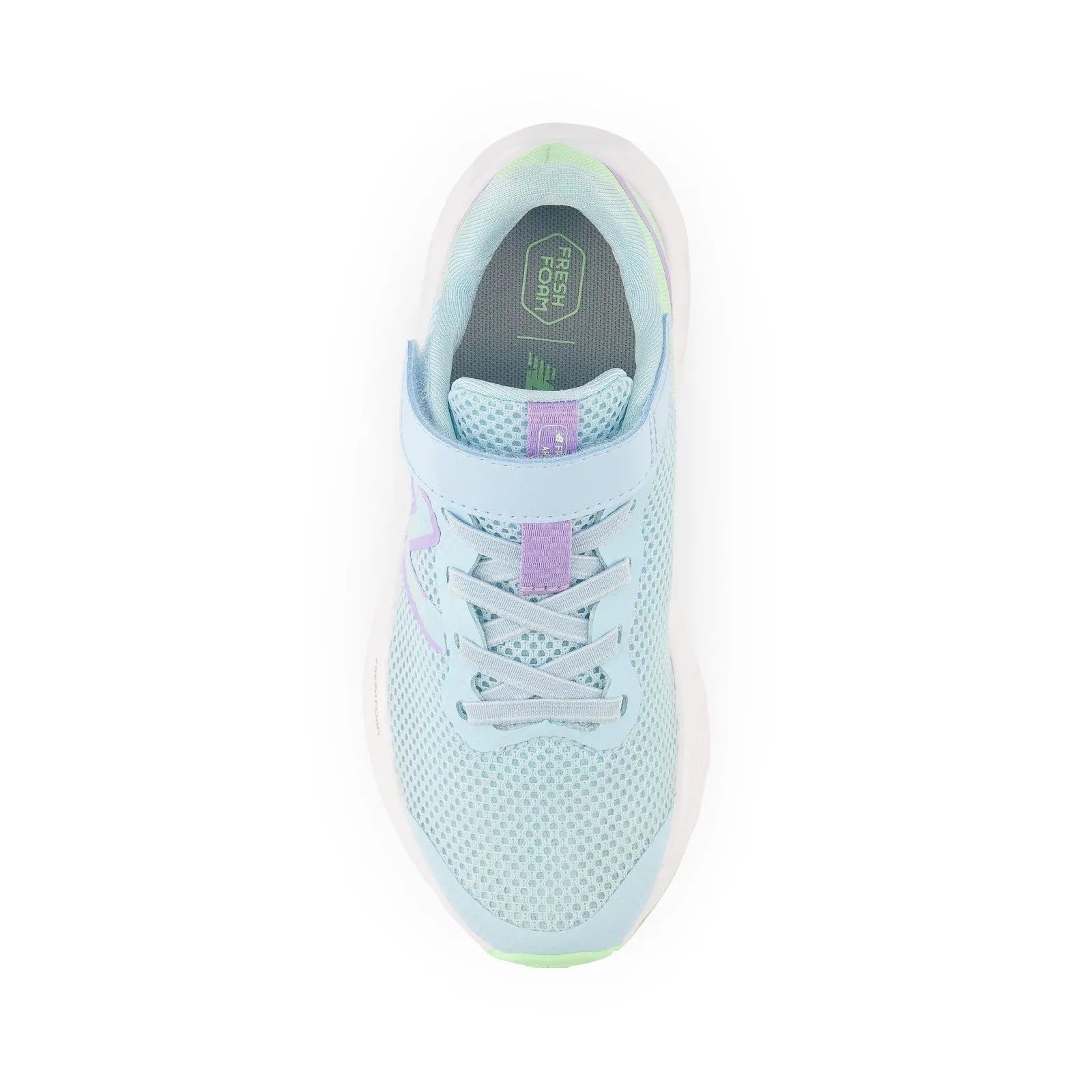 New Balance Kid's Fresh Foam Arishi v4 Bungee Lace with Top Strap in Blue with Green Aura and Lilac Glo