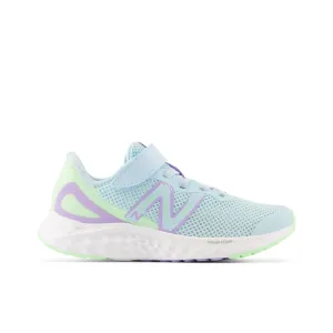 New Balance Kid's Fresh Foam Arishi v4 Bungee Lace with Top Strap in Blue with Green Aura and Lilac Glo