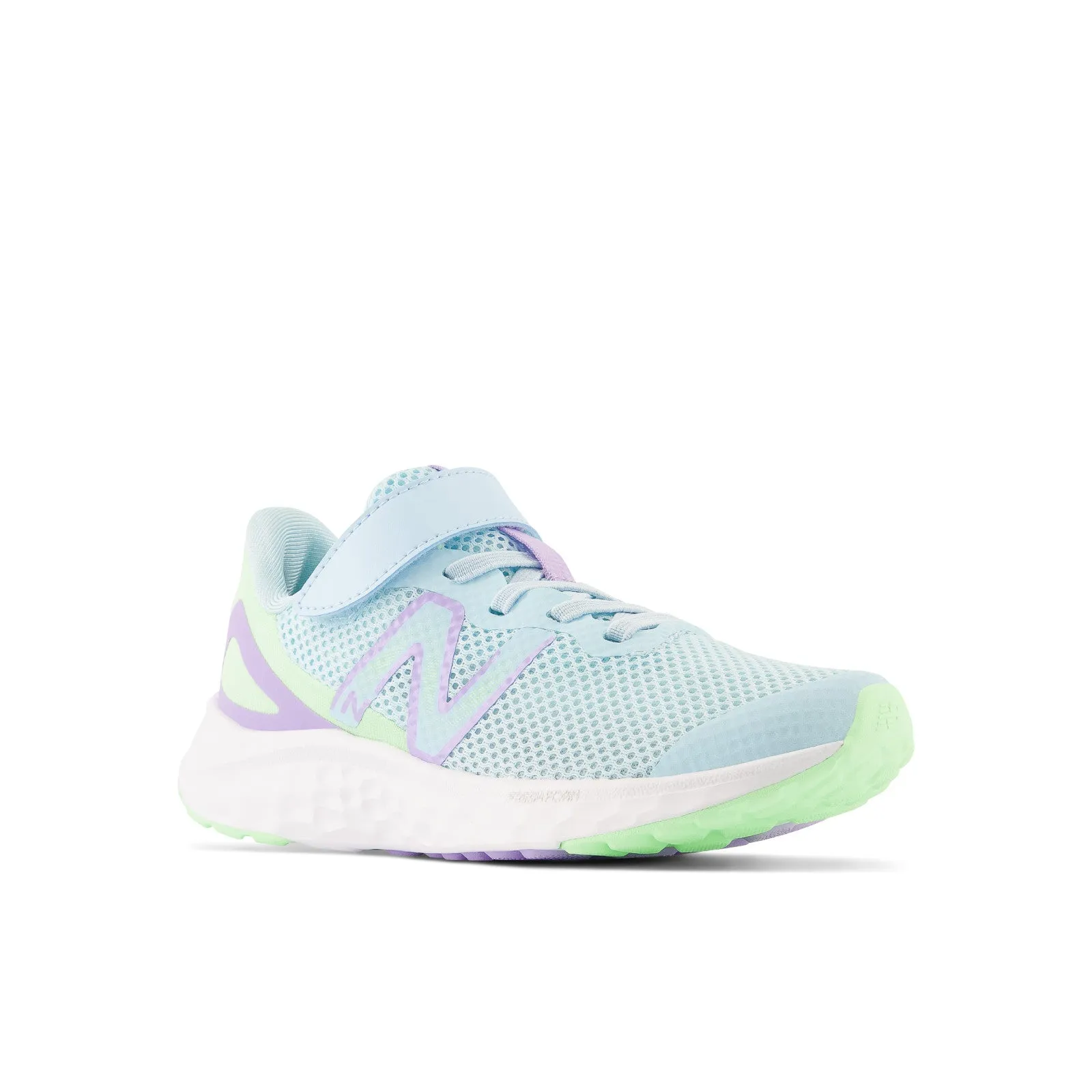 New Balance Kid's Fresh Foam Arishi v4 Bungee Lace with Top Strap in Blue with Green Aura and Lilac Glo