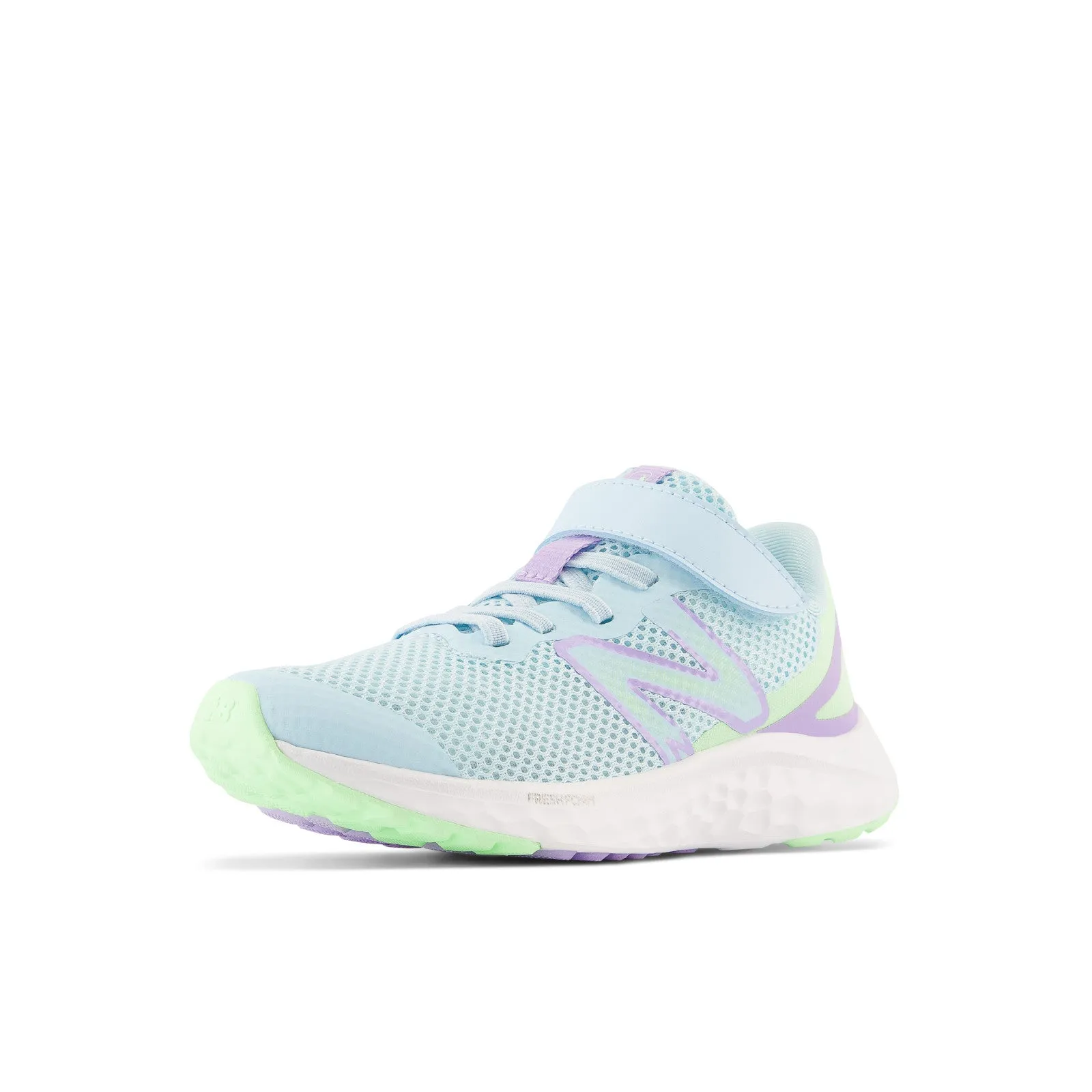 New Balance Kid's Fresh Foam Arishi v4 Bungee Lace with Top Strap in Blue with Green Aura and Lilac Glo
