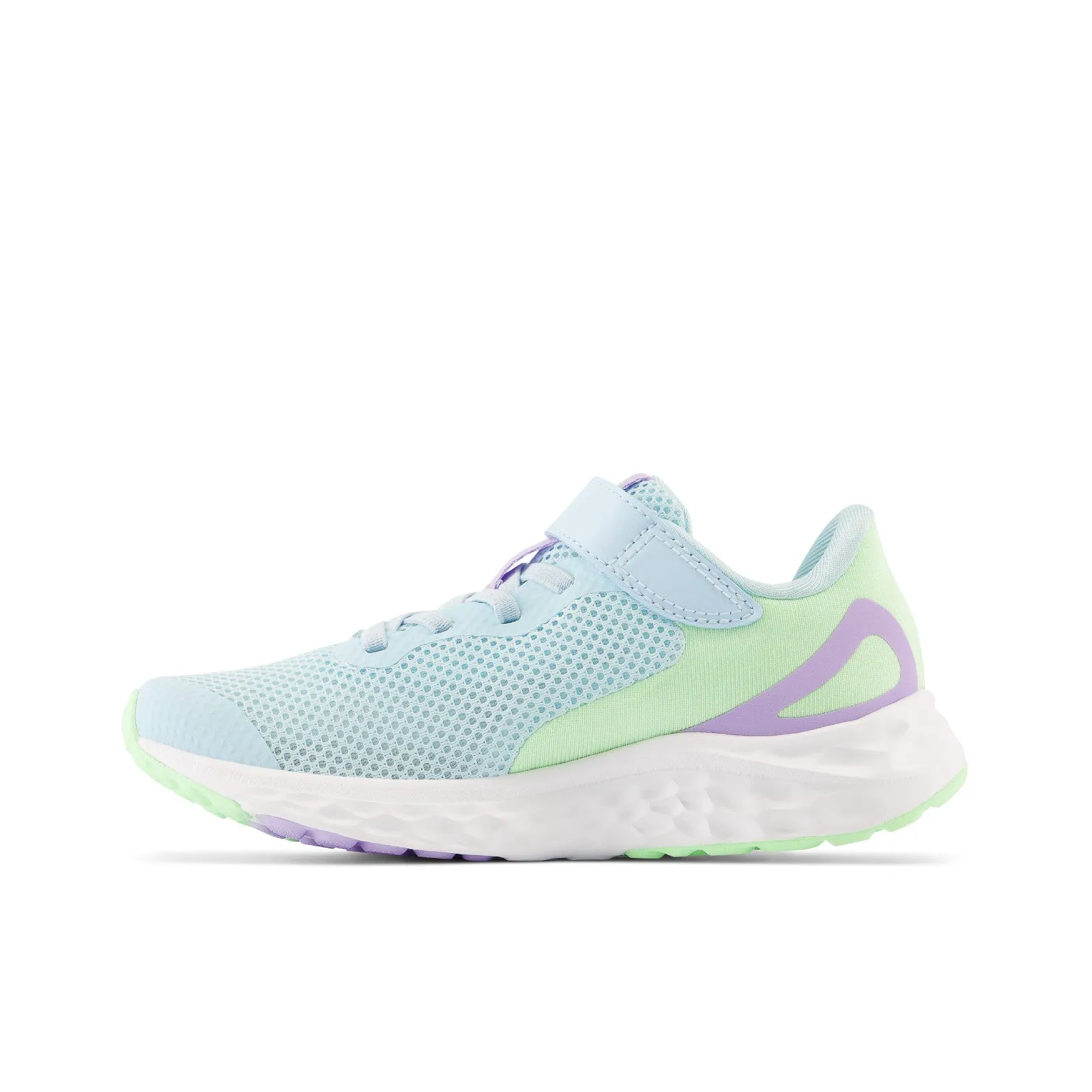 New Balance Kid's Fresh Foam Arishi v4 Bungee Lace with Top Strap in Blue with Green Aura and Lilac Glo