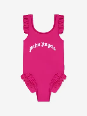 Palm Angels Girls Curved Logo Swimsuit in Pink