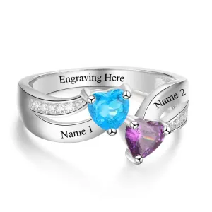 Personalized 925 Sterling Silver Ring - Custom Heart Shape Birthstone - Engraved Custom Names