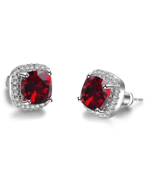 Princess Halo Cut Stud Earring With Austrian Crystals - Red in 18K Whi