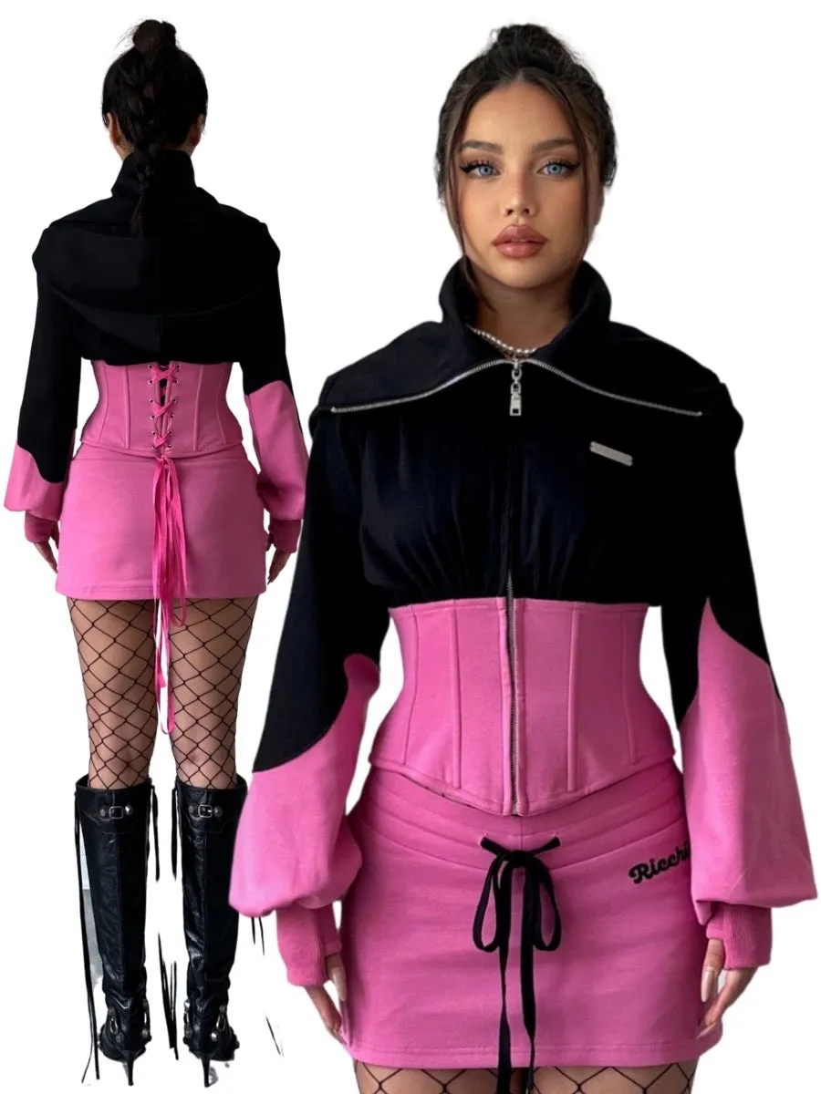 [Ricchie]Desert Rose Fishbone Hoodie and Skirt Set