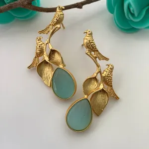 Salvanity Golden Brass Twin Bird Stone Earrings (Aqua)