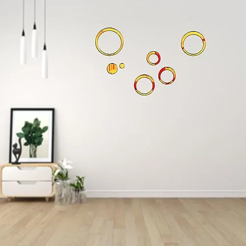 StarLaser Acrylic Round 5 Rings and Dots Golden Wall Mirror Stickers for Hall Room, Bed Room, Kitchen Living Room Kids Room
