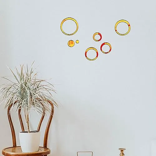 StarLaser Acrylic Round 5 Rings and Dots Golden Wall Mirror Stickers for Hall Room, Bed Room, Kitchen Living Room Kids Room