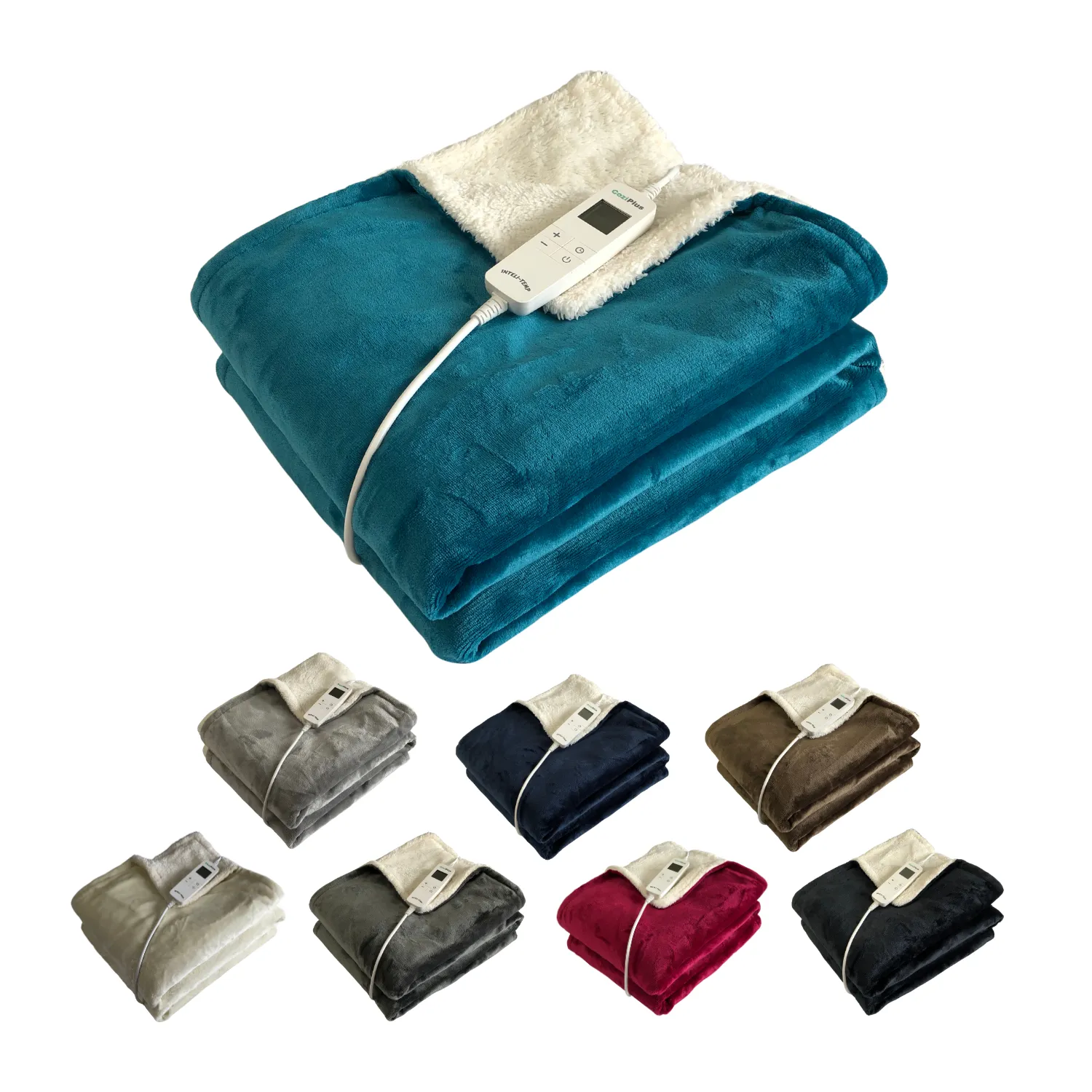 Teal Flannel Sherpa Heated Throw INTELI-TEMP