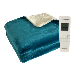 Teal Flannel Sherpa Heated Throw INTELI-TEMP
