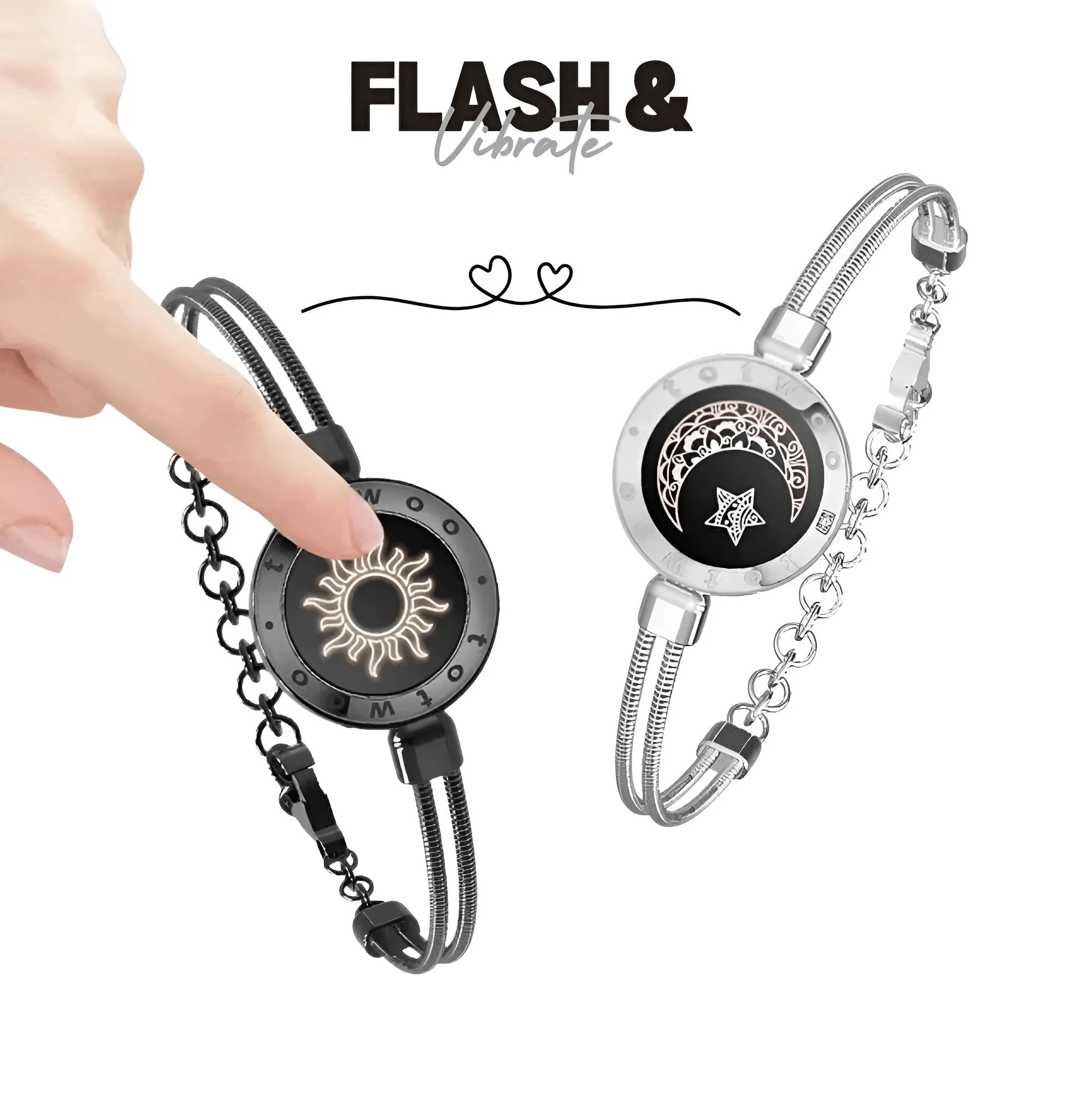 Touch Light Up & Vibrate Long Distance Love Bracelets For Couples Long Distance Relationship Gifts Smart Sun & Moon Love Bracelets