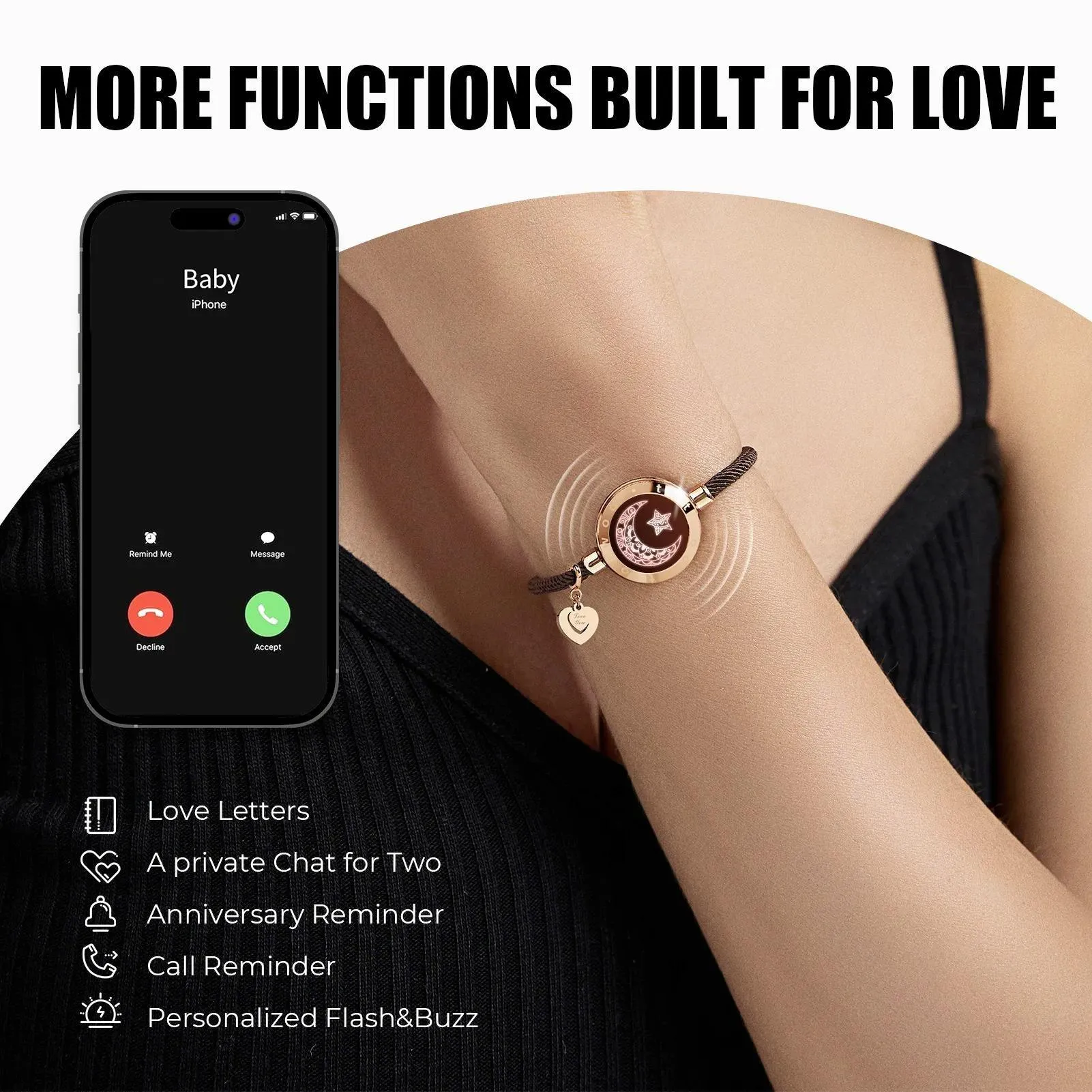 Touch Light Up & Vibrate Long Distance Love Bracelets For Couples Long Distance Relationship Gifts Smart Sun & Moon Love Bracelets