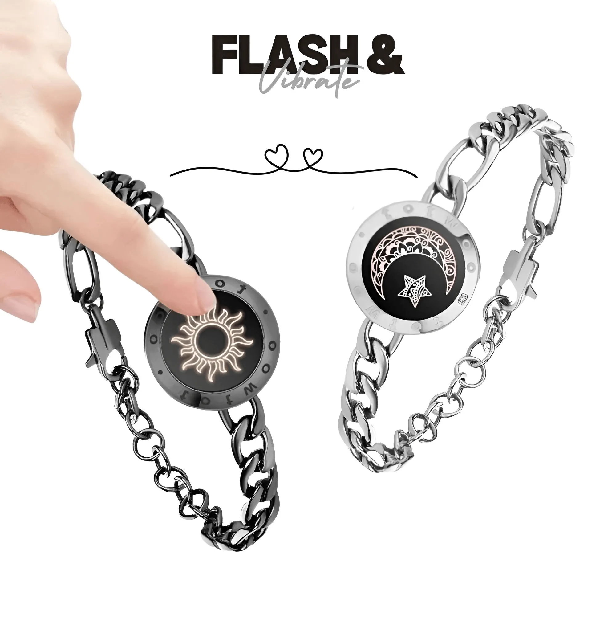 Touch Light Up & Vibrate Long Distance Love Bracelets For Couples Long Distance Relationship Gifts Smart Sun & Moon Love Bracelets