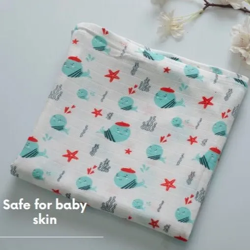 Whale Fish Random Printed Soft Muslin Swaddle Blanket For Baby By MM - 1 Pc